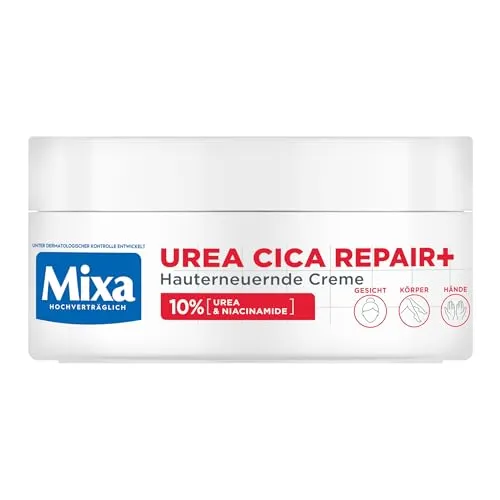 Mixa Hochkonzentrierte Feuchtigkeitspflege für Gesicht, Körper und Hände, Bei trockener und rissiger Haut, Mit Urea und Niacinamiden, Urea Cica Repair+, 150 ml