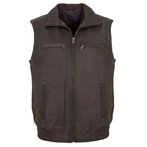 Maddox Herren Echtleder Weste aus Lammnubuk in Braun - Hochwertige Lederweste aus weichem Lammnubuk für einen sportlichen Look. Bequeme Passform mit Reißverschluss, praktischen Taschen und stylischen Ziernähten. Ideal für den täglichen Gebrauch.