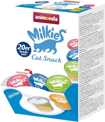 animonda Milkies Selection - 15g Katzenfutter nass (20 Cups), glutenarm und ideal als Snack oder Futtertopping, 4 abwechslungsreiche Sorten für gesunde Ernährung