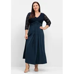 Abendkleid SHEEGO "Abendkleid", Damen, Gr. 58, Normalgrößen, blau (nachtblau), 95% Polyester, 5% Elasthan, Spitze:100% Polyamid, unifarben, lang, V-Ausschnitt, 3/4-Ärmel, Kleider