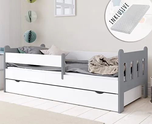 Kids Collective Kinderbett 80x160 mit Matratze und Schublade - Hochwertiges Kinderbett in weiß-grau, inklusive abnehmbarer Matratze und praktischer Schublade für mehr Ordnung. Sicherheit durch beidseitig anbringbaren Rausfallschutz und stabile Verarbeitung.
