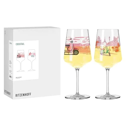 RITZENHOFF Cocktail-Glas Set 500 ml, Vespa-Motiv, 2 Stück - Made in Germany - Stilvolles 2er Set Stielgläser aus Kristallglas mit buntem Vespa-Dekor. Ideal für Long-Drinks, spülmaschinengeeignet und perfekt für Genussmomente. Entdecke die Serie Entdecker und bringe Lebensfreude in deine Getränke!