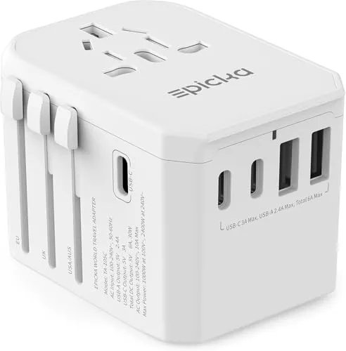 EPICKA Reiseadapter Weltweit, Universal Reisestecker Adapter 30W, Internationaler Steckdosenadapter mit 3 USB-C, 2 USB-A, Travel Adapter für Deutschland USA UK Japan Thailand Australien TA-105C Weiß