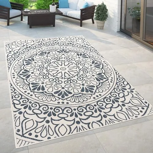 Paco Home In- & Outdoor Teppich 120x170 cm - Blau mit Vintage Orientalischem Muster - Teppich für draußen, pflegeleicht und robust, ideal für Balkon und Terrasse mit stilvollem, schadstoffgeprüftem Design.