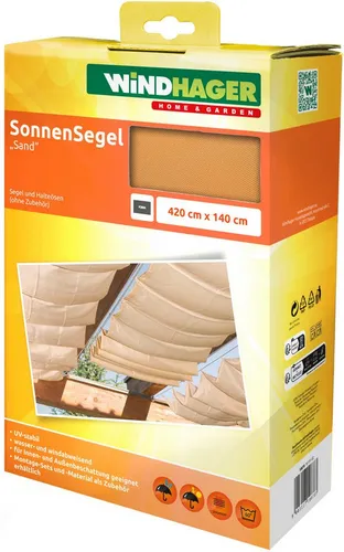 WINDHAGER Sonnensegel, beige (sand) 4,2x1,4 m - Sonnenschutz – Hochwertiges Polyester-Sonnensegel für flexible Beschattung, UV-Schutz UPF 80, ideal für Balkone und Terrassen, einfach verschiebbar zwischen Stahlseilen.