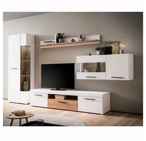 Lomadox Wohnwand SUTTON-61 mit Beleuchtung - Moderne Wohnwand aus 4 Teilen in Weiß mit mattierter Oberfläche und Eiche-Optik. Inklusive stilvoller Beleuchtung, ideal für Ihr Wohnzimmer und zur Präsentation Ihrer Unterhaltungselektronik.