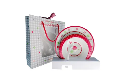 COPPENRATH DIE SPIEGELBURG Kinderbesteck Mein erstes Geschirr Baby Glück (3-tlg) - Dreiteiliges Geschirrset aus robustem Melamin, ideal für die ersten Essversuche. Enthält einen Teller, eine Schale und einen Löffel, alles in einer ansprechenden Geschenkverpackung.