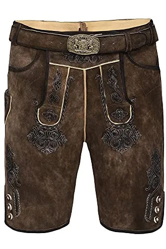 Edelnice Trachtenmode Bayerische Kurze Lederhose Fabian mit Gürtel - Hochwertige Trachtenlederhose aus geschmeidigem Wildbockleder, inkl. verstellbarem Gürtel mit Bayern-Emblem. Mit aufwendiger Stickerei und praktischen Taschen ist sie der perfekte Begleiter für traditionelle Anlässe.