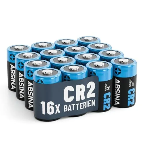 ABSINA 16x CR2 3V Lithium Batterie - Kamera-Akkus mit hoher Kapazität (800mAh) und auslaufsicherer Technologie, ideal für verschiedene Geräte wie Kameras, Laserpointer und mehr.