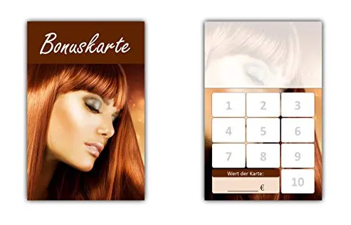 Stück Friseur Damen Bonuskarten (BOK-412) mit 10 Stempelfeldern Treuekarten passend für Bereiche wie Frisör, Kosmetik, Haarpflege 500
