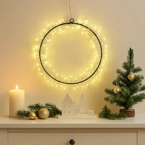 LED Kranz Lichterkranz aus Draht Türkranz Weihnachtskranz beleuchtet Fensterkranz Lichtkranz Dekokranz Batteriebetrieb (30cm)