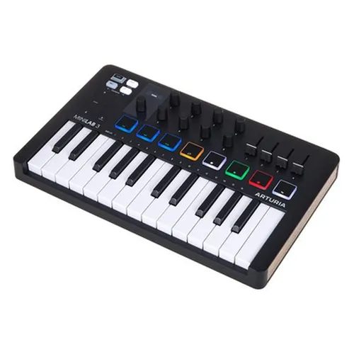 Arturia MiniLab 3 schwarz - Audio-Controller mit 25 anschlagdynamischen SlimKeys, 8 Encodern und 4 Fadern für kreative Musikproduktion. Ideal für unterwegs dank kompakter Bauweise und umfassender Steuerungsmöglichkeiten.