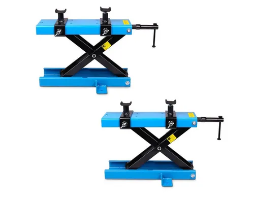 ConStands Motorradheber Mini-Lift Scherenheber 2x Set bis 500kg in Blau - Wagenheber für sicheres Arbeiten an Motorrädern, mit geringerem Kraftaufwand und verstellbarer Höhe von 26,5-64,5cm. Ideal zum Überwintern und für Reparaturen.