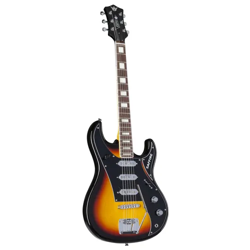 Rapier Saffire SB Sunburst E-Gitarre - E-Gitarre mit Okumé-Korpus und Ahorn-Hals, ausgestattet mit Alan Entwistle Low Noise Pickups für vielseitige Klänge und ein modernes Sunburst-Finish.