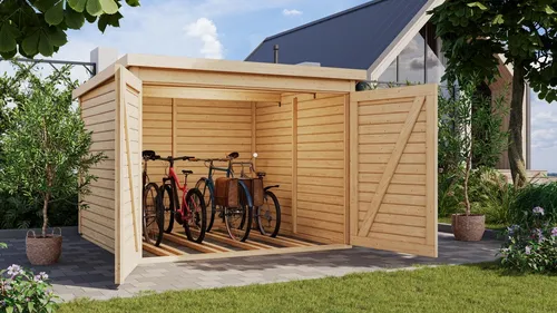 Fahrradbox KARIBU "Fahrradgarage 4" - Sonstiges Fahrradzubehör, aus naturbelassenem Holz mit großzügigen Maßen (B:212,5cm H:167cm T:216,5cm) für die sichere Aufbewahrung Ihrer Fahrräder.