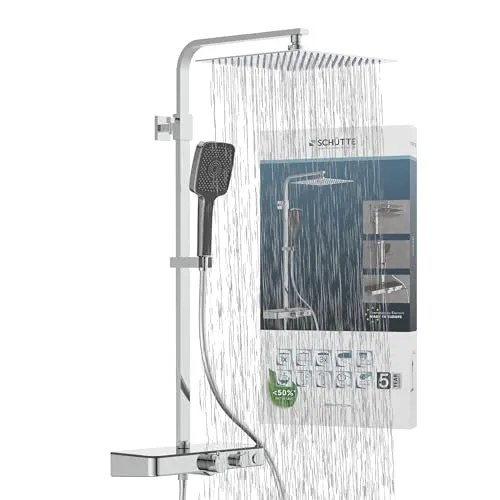 Schütte Duschsystem Ocean - Verchromt mit Armatur - Einbauduschköpfe mit 30x30 cm großer Regendusche, Thermostat für präzise Temperatureinstellung und bis zu 50% Wasserersparnis. Pflegeleichte Ablage aus Sicherheitsglas.