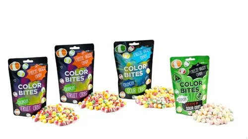 Color Bites Crunchy Orbs Fruit + Sour 4er Bundle | Gefriergetrocknete Süßigkeiten, Freeze Dried Candy 4x 100g