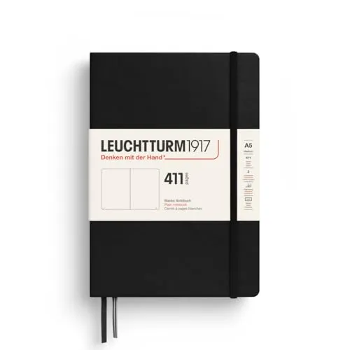 LEUCHTTURM1917 372930 Notizbuch 411 Medium (A5) - Schwarz, Blanko - Das LEUCHTTURM1917 Notizbuch bietet 411 nummerierte Seiten für kreative Ideen und Projekte. Mit hochwertigem Hardcover und 80 g/m² Papier ist es ideal für intensive Nutzung. Perfekt für unterwegs und vielseitig einsetzbar.