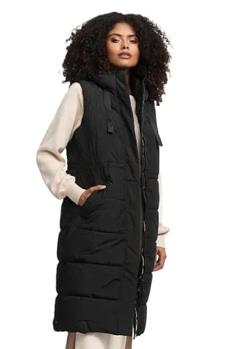 MARIKOO Damen Winterweste – Steppweste mit Kapuze, warm und stylisch (N018, Schwarz, XL) - Stylische Damen Winterweste mit verstellbarer Kapuze und 4 praktischen Taschen. Kuscheliger Stoff sorgt für wohlige Wärme bei kaltem Wetter. Ideal für Outdoor-Aktivitäten und den Alltag.