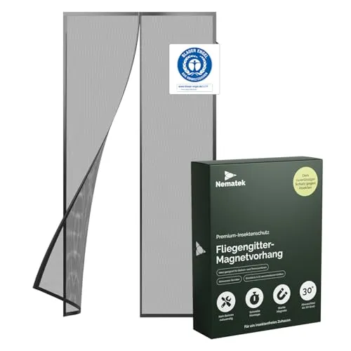 Nematek Fliegengitter NTK-MV01, schwarz, 110x220cm - Fliegengitter für Türen, einfacher Insektenschutz mit selbstklebendem Klettband und 16 starken Magneten für automatisches Schließen. Ideal für Balkon- oder Terrassentüren.