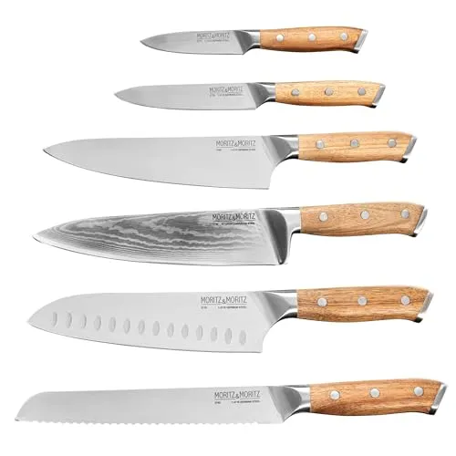Moritz & Moritz Profi Küchenmesser Komplett-Set - Kochmesser Set mit Damastmesser, Santoku- und Brotmesser aus deutschem Messerstahl, ideal für präzises Schneiden und langlebige Qualität.