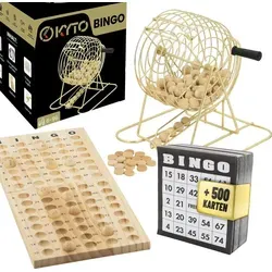 Großes Bingo Spiel Gold Metalltrommel - Bingo Spiel für 2+ Spieler, mit edler Gold Metalltrommel, 75 Holz Kugeln, 150 Chips und 500 Bingokarten - ideal für unvergessliche Spieleabende mit Familie und Freunden.
