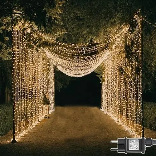 Dekofun Lichterketten Vorhang 600 LED 6m x 3m Lichtervorhang Aussen mit Stecker, Timer, 8 Modi Wasserdichte Lichternetz, Lichterkette Wand für Außen Innen Hochzeit Fenster Garten Deko - Warmweiß