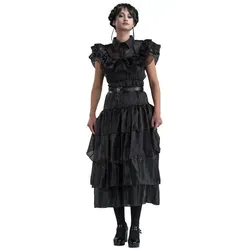 Chaks - Wednesday Ballkleid, Kostüm für Erwachsene, Kleid und Gürtel in Schwarz, Outfit für Halloween und Karneval