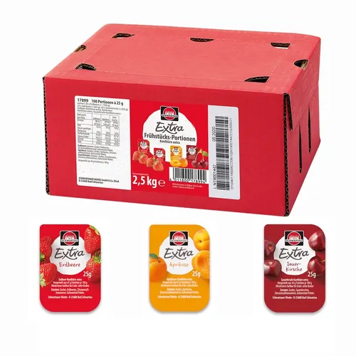 Schwartau Konfitüre Extra Mix - 100 Portionen mit 45% Frucht - Brotaufstriche mit köstlichem Konfitüren-Mix aus Erdbeere, Aprikose und Sauerkirsche. Ideal für hygienische Bewirtung in Kantinen und Hotels, ohne Konservierungsstoffe.