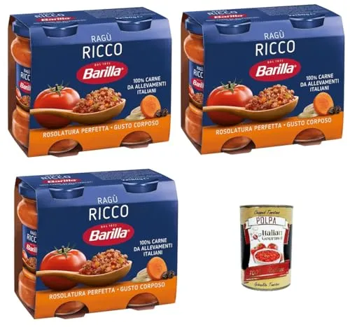 3x Barilla Sugo Ragù RICCO Bolognese REICHhaltige Ragù-Sauce, klassisches Bolognese-Gewürz für Pasta 180gX2 + Italian Gourmet Polpa 400 g
