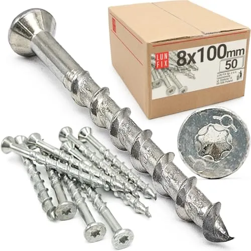stk. Set Schrauben für Porenbeton 8x100 mm aus Stahl verzinkt mit Senkkopf und TX-Antrieb für Ytong, Beton, Gips, Gasbeton, Innen- und Außenbereich 50