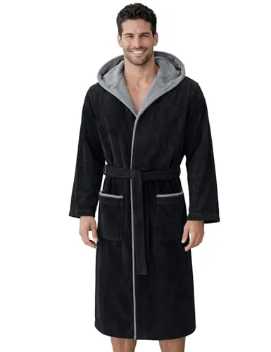 Morgenstern Bademantel Herren Kapuze 100% Baumwolle Frottee OEKO-TEX Velours Morgenmantel Lang Finn Schwarz XXL