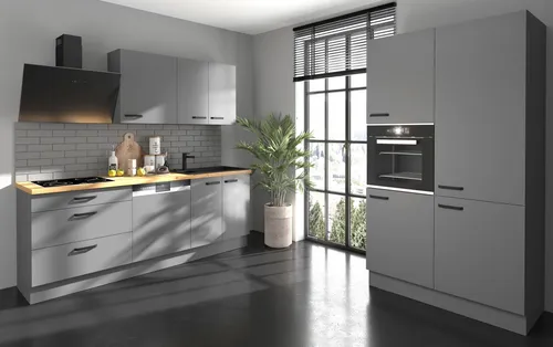 Küche NESSA 220 + 120 cm Anthrazit Grau Küchenzeile - Küchenzeile in modernem Anthrazit matt Design, bietet viel Stauraum und ist ideal für kleine bis mittelgroße Küchen.