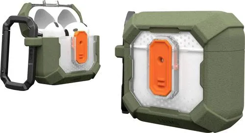 Urban Armor Gear Plasma Hülle für AirPods 4 - Olive - Robuste Schutzhülle für Apple AirPods 4 aus PC und TPU, erfüllt militärische Standards für maximalen Schutz. Mit praktischem Karabiner für einfache Befestigung und magnetischem Modul für unkompliziertes Laden.