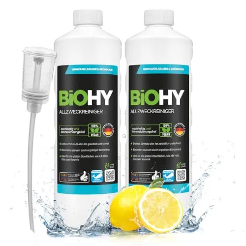 BiOHY Allzweckreiniger (2 x 1L) + Dosierer | Bodenreiniger Konzentrat für Parkett, Fliesen & Hartböden | Reiniger für Wischroboter, Saugwischer & Saugroboter | Schaumarmes, ergiebiges Reinigungsmittel