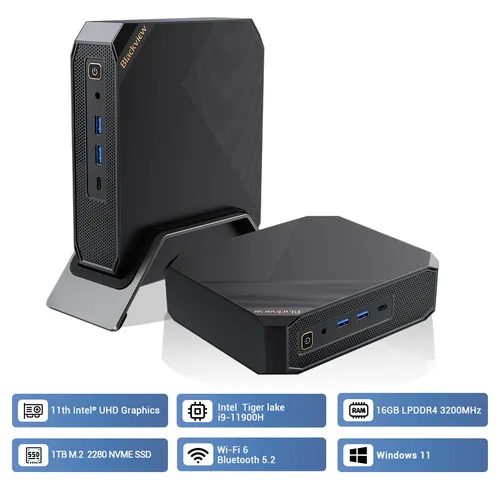 Blackview MP200 Mini PC mit 16GB RAM und 1TB SSD - PC-System mit Windows 11 Pro, leistungsstark dank Intel Tiger Lake Prozessor und 4K Bildschirmauflösung – ideal für Gaming, Büro und Grafikdesign.