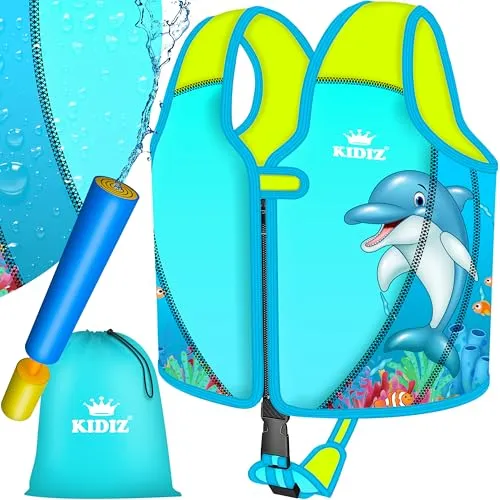 KIDIZ® Schwimmweste für Kinder L (5-9 Jahre) mit verstellbarem Sicherheitsgurt - Sichere Schwimmweste aus hochwertigem Neopren für Kinder, mit verstellbarem Gurt und abnehmbaren Schwimmern. Inklusive Wasserpistole für zusätzlichen Spaß beim Schwimmen!
