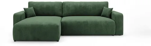 CORNERO Ecksofa BERLIN links grün Cord Poso 14 - Praktisches Ecksofa mit Schlaffunktion und Bettkasten, ideal für kleine Räume. Das stilvolle Design in dunkelgrün kombiniert Komfort und Funktionalität für entspannte Stunden.