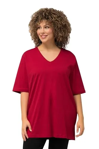 Ulla Popken Damen große Größen Übergrößen Plus Size T-Shirt, V-Ausschnitt, Relaxed, Halbarm mohn 66+ 515283575-66+