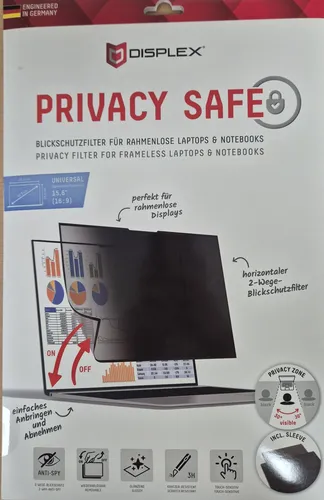 DISPLEX Privacy Safe Blickschutzfolie Uni 15,6" - Notebook Displayschutzfolie mit Anti-Spy-Funktion für sicheren Sichtschutz ab 30 Grad und voller Touch-Sensitivität, ideal für Laptops und Notebooks.
