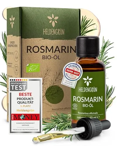 Heldengrün® BIO Rosmarinöl 50 ml [Inkl. PIPETTE] Natürlicher Haar-Booster - 100% naturreines Rosmarin Öl für Haare & Kopfhaut - Haaröl Rosmarinöl Haare