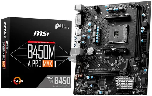 MSI B450M-A PRO MAX II - AM4 Motherboard - Mainboard mit Core Boost und Turbo M.2 für optimale Leistung, unterstützt AMD Ryzen Prozessoren und bietet 2.5G LAN für blitzschnelle Netzwerkverbindungen.