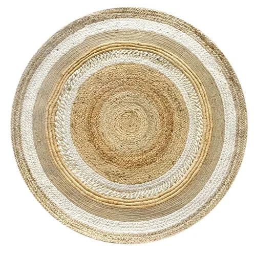 Hamid - Jute Teppich Runden, Cairp,100% Weiß und Natur, Jutefaser Handgewebt, Weicher Teppich und Hohe Festigkeit für Wohnzimmer, Esszimmer, Schlafzimmer, FlurTeppich - (120x120cm)