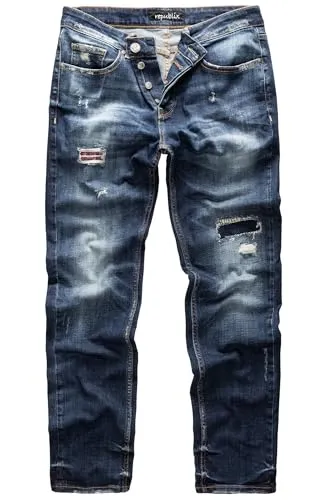 REPUBLIX Herren Jeans Destroyed Dunkelblau mit Patches W31/L32 - Stylische Herren Jeans im Regular Straight Fit, ideal für lässige Outfits. Die Destroyed-Optik und Patches verleihen einen modernen Look.