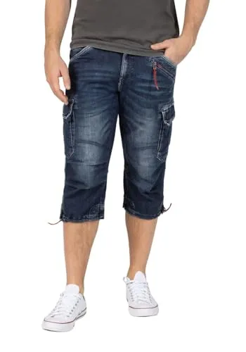 Timezone Herren 3/4 Cargo Jeans Loose MILESTZ - Blau, W 31 - Herren-Shorts mit weitem Beinverlauf, ideal für Freizeit und Sport. Der komfortable Bund mit Gürtel sorgt für perfekten Sitz und Stil.
