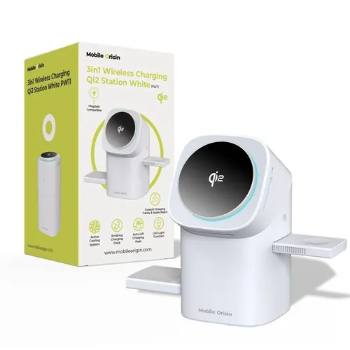 Mobile Origin 3in1 Wireless Charging Qi2 Station PW11 - Weiß - Die Mobile Origin 3-in-1 Qi2 PW11 Ladestation bietet effizientes, kabelloses Laden für iPhone, Apple Watch und AirPods. Modernes Design trifft auf höchste Funktionalität – ideal für den Alltag.