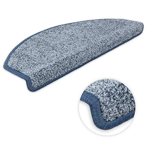Kettelservice-Metzker Stufenmatten Ventura Halbrund Hellblau – 15 Stück - Hochwertige Treppenschutzmatten aus flauschigem Kreusel Velours, ideal für sicheren Halt. Mit stabiler Einkettelung und rutschfestem PVC-Winkel, perfekt für jede Treppe. Erhältlich im praktischen Set!
