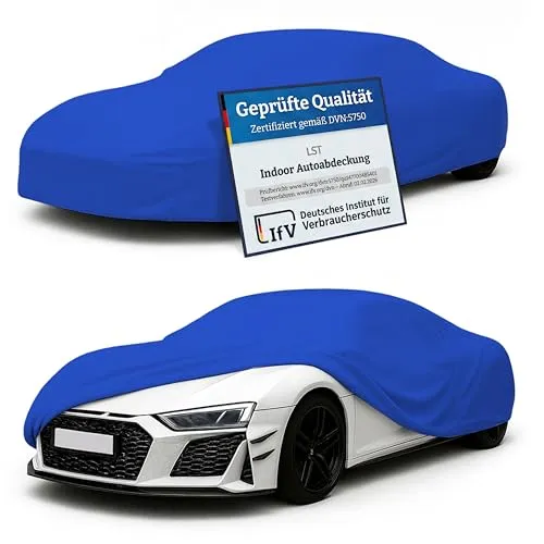 LST Autoabdeckung Indoor – lackschonende und Dehnbare Autogarage. Car Cover Innenbereich für Autohäuser und Endverbraucher. Auto Abdeckplane schützt vor Sonne, Staub. (Blau, L (450x140x120cm))