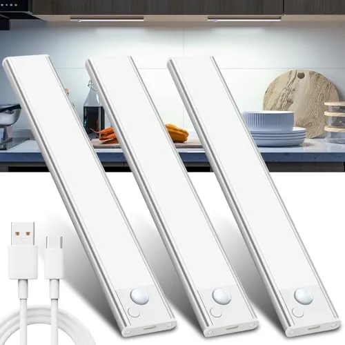JEKEMORYE Unterbauleuchte mit Bewegungsmelder - 20CM Kabellos, 3 Stück - Helle LED-Unterbauleuchte mit 6000 K für optimale Sicht in Küche, Bad oder Schrank. Mit Bewegungsmelder und USB-Aufladung, ideal für flexible Anwendungen und einfache Installation.