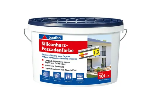 Baufan Fassadenfarbe Premium 10L weiß - Innen- & Außenfarben: Scheuerbeständige Siliconharz-Fassadenfarbe mit hervorragendem Abperleffekt und UV-Beständigkeit, ideal für langlebigen Schutz und einfache Anwendung.